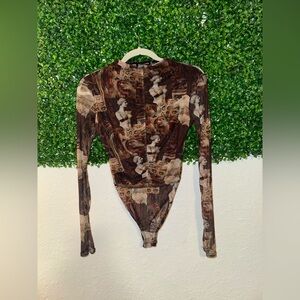 PrettyLittleThing Brown Patterned Long Sleeve Bodysuit Size 6